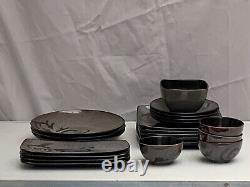 21pcs Heavy Oneida Stoneware Solare Damask Scroll Rust & Brown Coupe Dinner Set