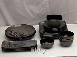 21pcs Heavy Oneida Stoneware Solare Damask Scroll Rust & Brown Coupe Dinner Set