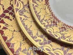 3pcs De Lamerie China Heavily Gilded Floral Bells Burgundy Gold Dinner Set