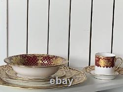 6pcs New De Lamerie China Heavily Gilded Floral Bells Burgundy Gold Dinner Set