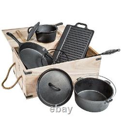 7 Piece Heavy Duty Dutch Oven Cast Iron Cookware Camping Fire Cooking Pot Box