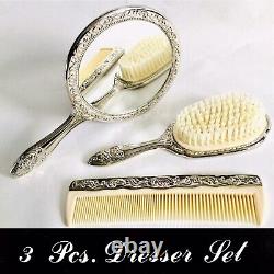 Boxed Vintage 1960s Heavy 3 Piece Silver Plated Brush, Mirror & Comb Vanity Set