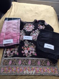 Brand New Hussain Rehar inspired Heavy Embroidered Black Silk 3 piece suit-XL