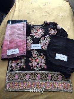 Brand New Hussain Rehar inspired Heavy Embroidered Black Silk 3 piece suit-XL