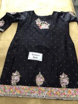 Brand New Hussain Rehar inspired Heavy Embroidered Black Silk 3 piece suit-XL