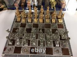 Egyptian Chess Set Heavy Brass Pieces & Mother Of Pearl Wood Board Made In Egy