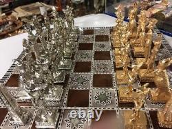 Egyptian Chess Set Heavy Brass Pieces & Mother Of Pearl Wood Board Made In Egy