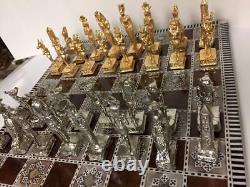 Egyptian Chess Set Heavy Brass Pieces & Mother Of Pearl Wood Board Made In Egy