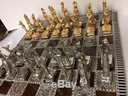 Egyptian Chess Set Heavy Brass Pieces & Mother Of Pearl Wood Board Made In Egy