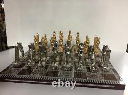 Egyptian Chess Set Heavy Brass Pieces & Mother Of Pearl Wood Board Made In Egy