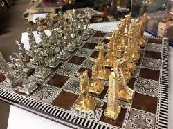 Egyptian Chess Set Heavy Brass Pieces & Mother Of Pearl Wood Board Made In Egy