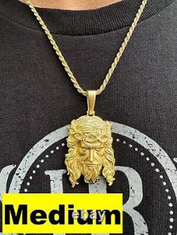 HEAVY SOLID Real 14k Gold Over 925 Sterling Silver Jesus Piece Pendant Necklace