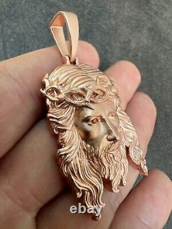 HEAVY SOLID Real 14k Rose Gold 925 Sterling Silver Jesus Piece Pendant Necklace