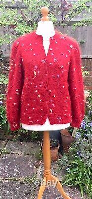 Hand Knitted Cardigan, Bright RED Wool & Angora Mix, Polka Dot, Heavy, MED, NEW