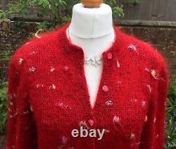 Hand Knitted Cardigan, Bright RED Wool & Angora Mix, Polka Dot, Heavy, MED, NEW