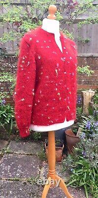 Hand Knitted Cardigan, Bright RED Wool & Angora Mix, Polka Dot, Heavy, MED, NEW