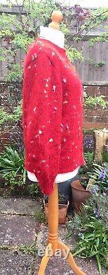 Hand Knitted Cardigan, Bright RED Wool & Angora Mix, Polka Dot, Heavy, MED, NEW