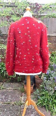 Hand Knitted Cardigan, Bright RED Wool & Angora Mix, Polka Dot, Heavy, MED, NEW