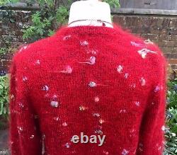 Hand Knitted Cardigan, Bright RED Wool & Angora Mix, Polka Dot, Heavy, MED, NEW