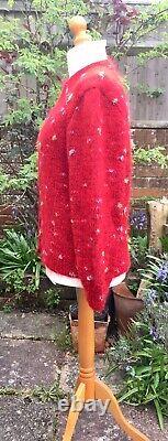 Hand Knitted Cardigan, Bright RED Wool & Angora Mix, Polka Dot, Heavy, MED, NEW