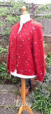 Hand Knitted Cardigan, Bright RED Wool & Angora Mix, Polka Dot, Heavy, MED, NEW