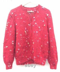 Hand Knitted Cardigan, Bright RED Wool & Angora Mix, Polka Dot, Heavy, MED, NEW