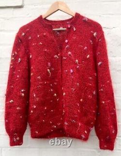 Hand Knitted Cardigan, Bright RED Wool & Angora Mix, Polka Dot, Heavy, MED, NEW