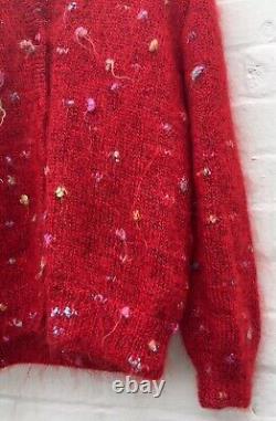 Hand Knitted Cardigan, Bright RED Wool & Angora Mix, Polka Dot, Heavy, MED, NEW