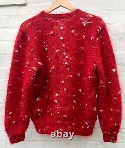 Hand Knitted Cardigan, Bright RED Wool & Angora Mix, Polka Dot, Heavy, MED, NEW