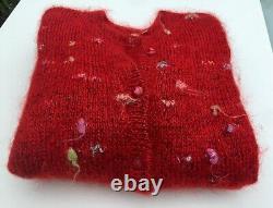 Hand Knitted Cardigan, Bright RED Wool & Angora Mix, Polka Dot, Heavy, MED, NEW