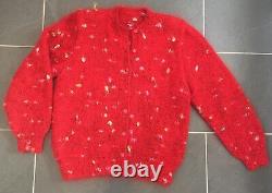 Hand Knitted Cardigan, Bright RED Wool & Angora Mix, Polka Dot, Heavy, MED, NEW