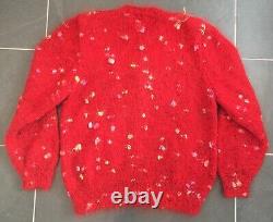 Hand Knitted Cardigan, Bright RED Wool & Angora Mix, Polka Dot, Heavy, MED, NEW