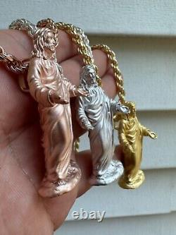 Heavy 3D Jesus Piece Real 925 Silver / 14k Yellow Rose Gold Pendant Necklace