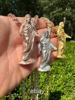 Heavy 3D Jesus Piece Real 925 Silver / 14k Yellow Rose Gold Pendant Necklace