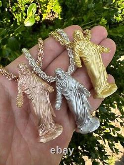 Heavy 3D Jesus Piece Real 925 Silver / 14k Yellow Rose Gold Pendant Necklace