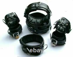Heavy Duty 7 Piece Black Real Leather Bondage Restraints Wrist Neck Ankle & Thig