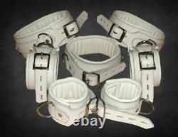 Heavy Duty 7 Piece White Real Leather Bondage Restraints Wrist Neck Ankle & Thig