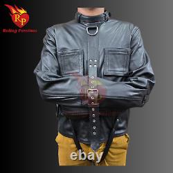 Heavy Duty Real Leather Mens Black Straitjacket Chest Patch 6 Straps at Back