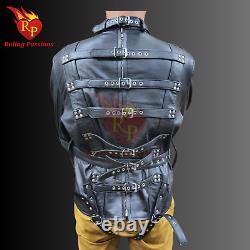 Heavy Duty Real Leather Mens Black Straitjacket Chest Patch 6 Straps at Back