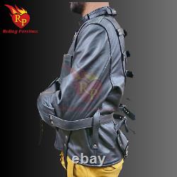 Heavy Duty Real Leather Mens Black Straitjacket Chest Patch 6 Straps at Back