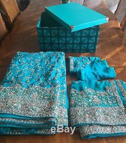 Indian Bridal Engagement Wedding Sari Blue Green Turquoise 3 Piece Dupatta Heavy