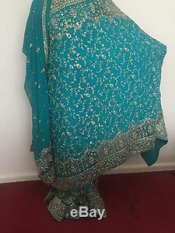 Indian Bridal Engagement Wedding Sari Blue Green Turquoise 3 Piece Dupatta Heavy