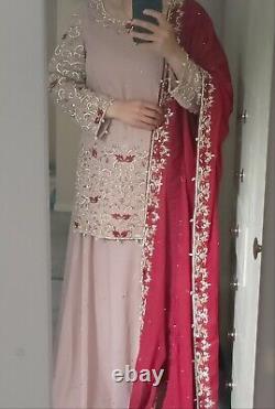 Lengha 3 Piece Set Heavy Stonework In Chiffon Material Pink/Maroon REDUCED