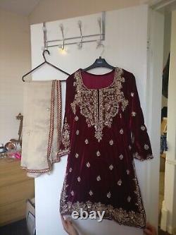 Maroon Velvet 3 piece suit with heavy embroidery and crystal work