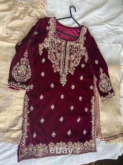 Maroon Velvet 3 piece suit with heavy embroidery and crystal work