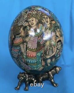 Master piece Hand Painted Ostrich Egg from Bali with Heavy Animal Pewter Stand