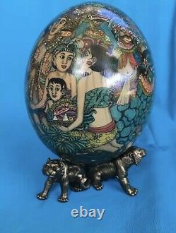 Master piece Hand Painted Ostrich Egg from Bali with Heavy Animal Pewter Stand