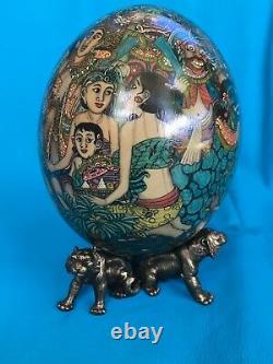 Master piece Hand Painted Ostrich Egg from Bali with Heavy Animal Pewter Stand