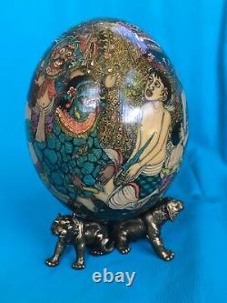 Master piece Hand Painted Ostrich Egg from Bali with Heavy Animal Pewter Stand