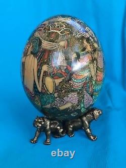 Master piece Hand Painted Ostrich Egg from Bali with Heavy Animal Pewter Stand